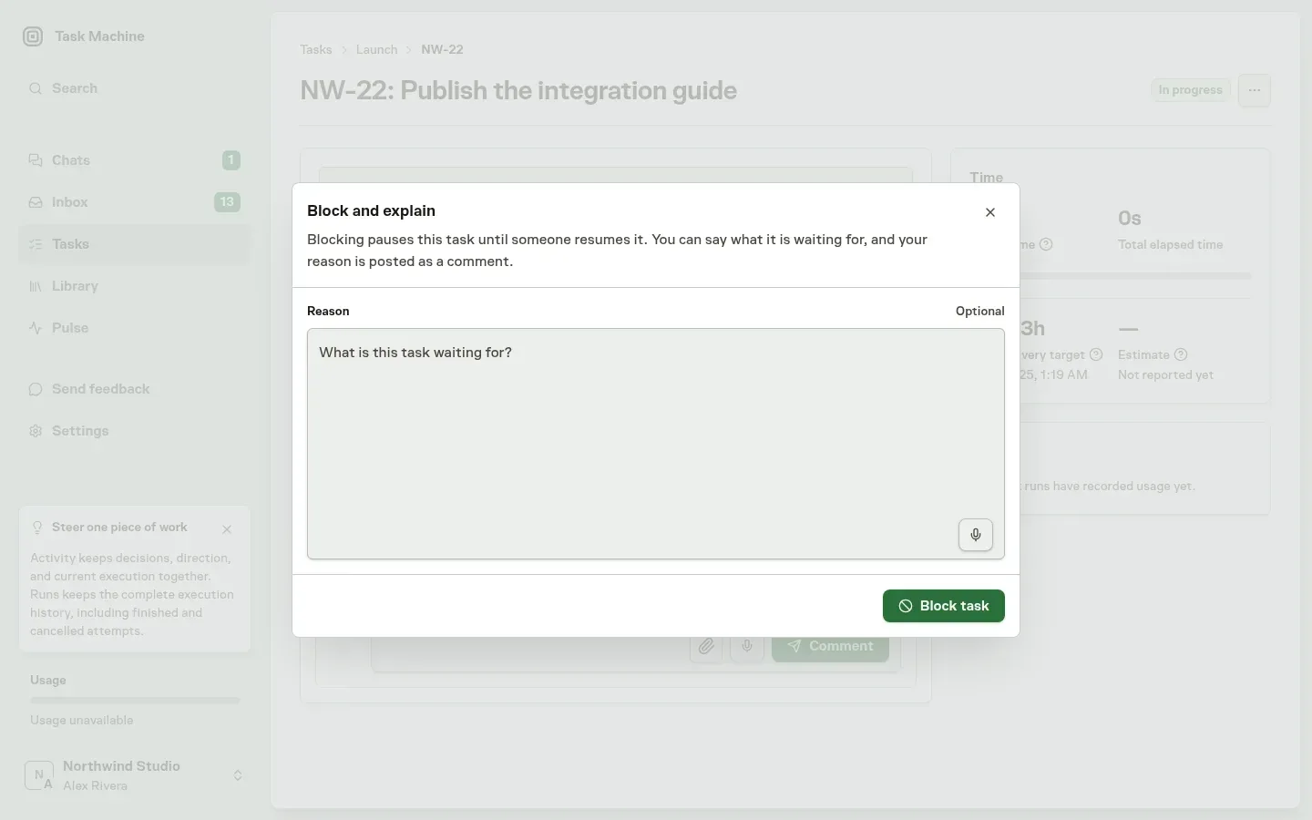 The Block and explain dialog over a Task, with an optional Reason field and a Block task button
