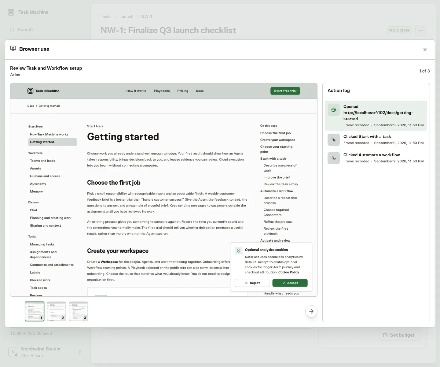 A Task Browser use viewer with three recorded actions, three thumbnails, and the selected setup-guide frame
