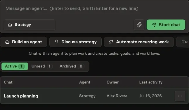 The Chats drawer with a blank composer above a horizontal row of icon-labelled starter presets, including Build an agent, Discuss strategy, and Automate recurring work