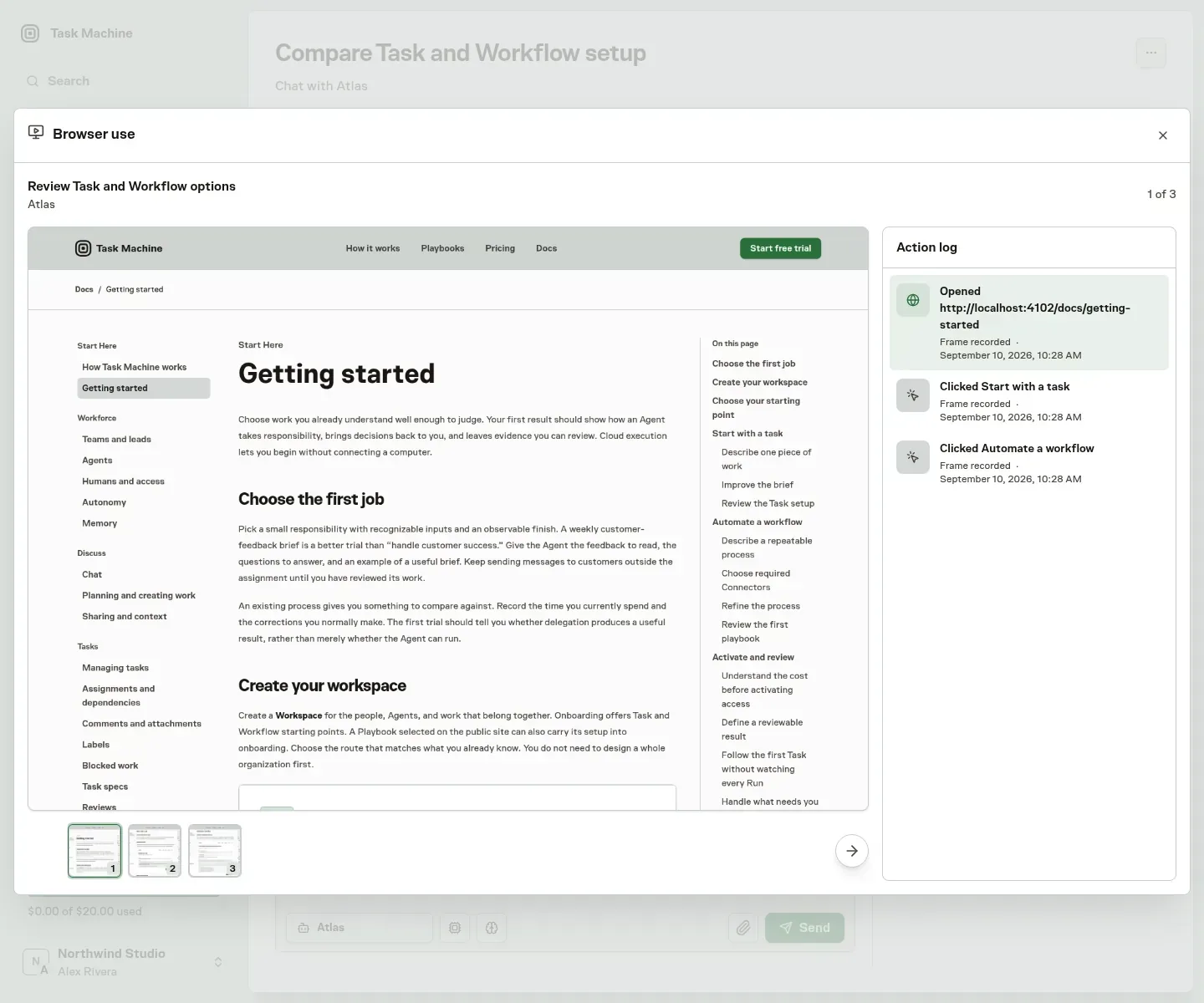The Browser use viewer opened from Chat, with multiple recorded actions and corresponding page frames