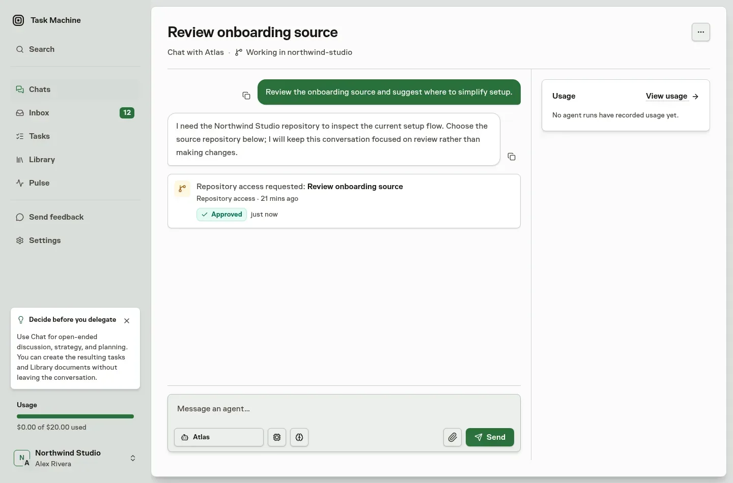 A repository-backed Chat with the selected repository shown beside the agent in the conversation header