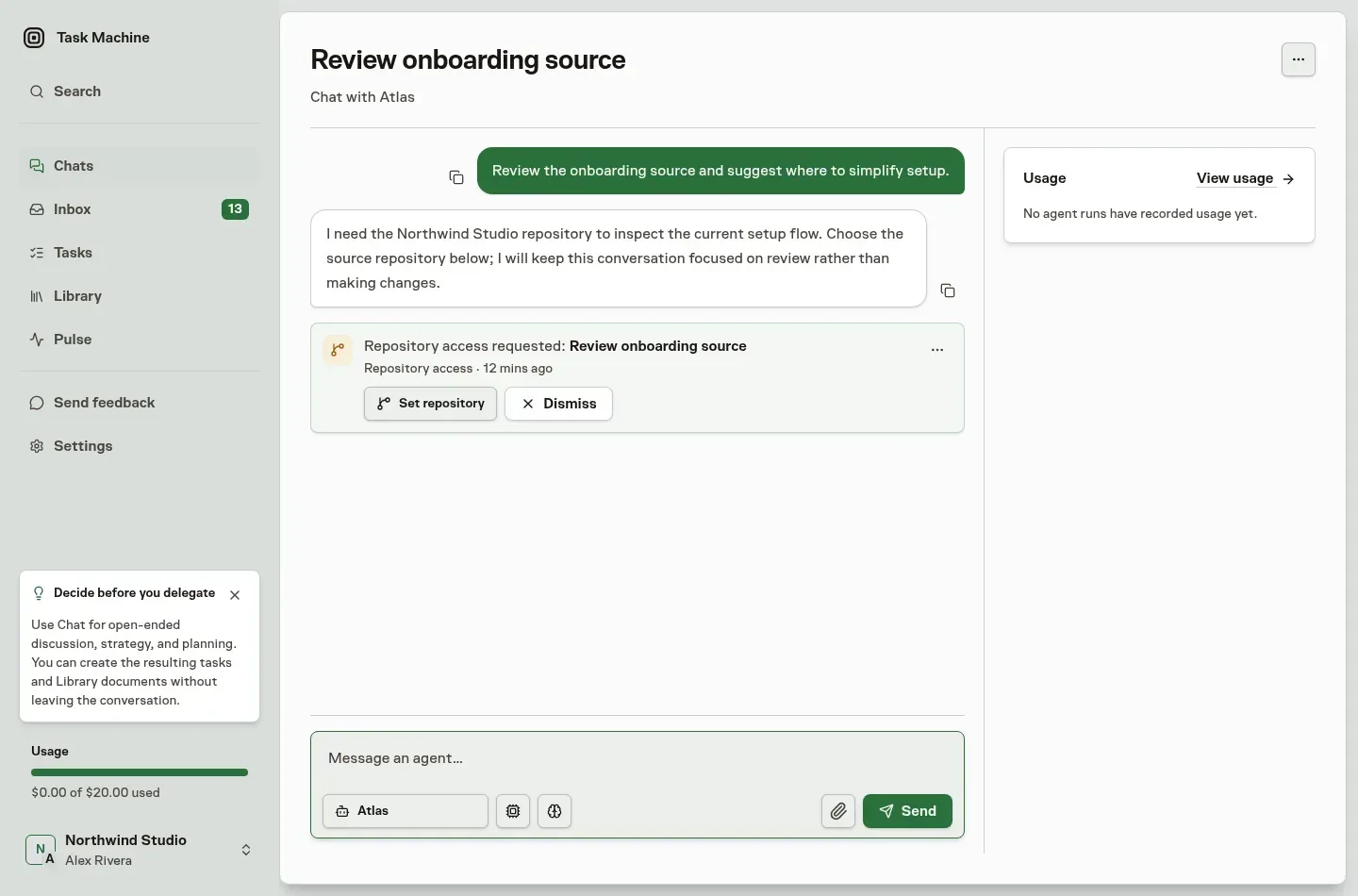 A Chat showing the repository-access Inbox decision inside the conversation after the agent asks for source context