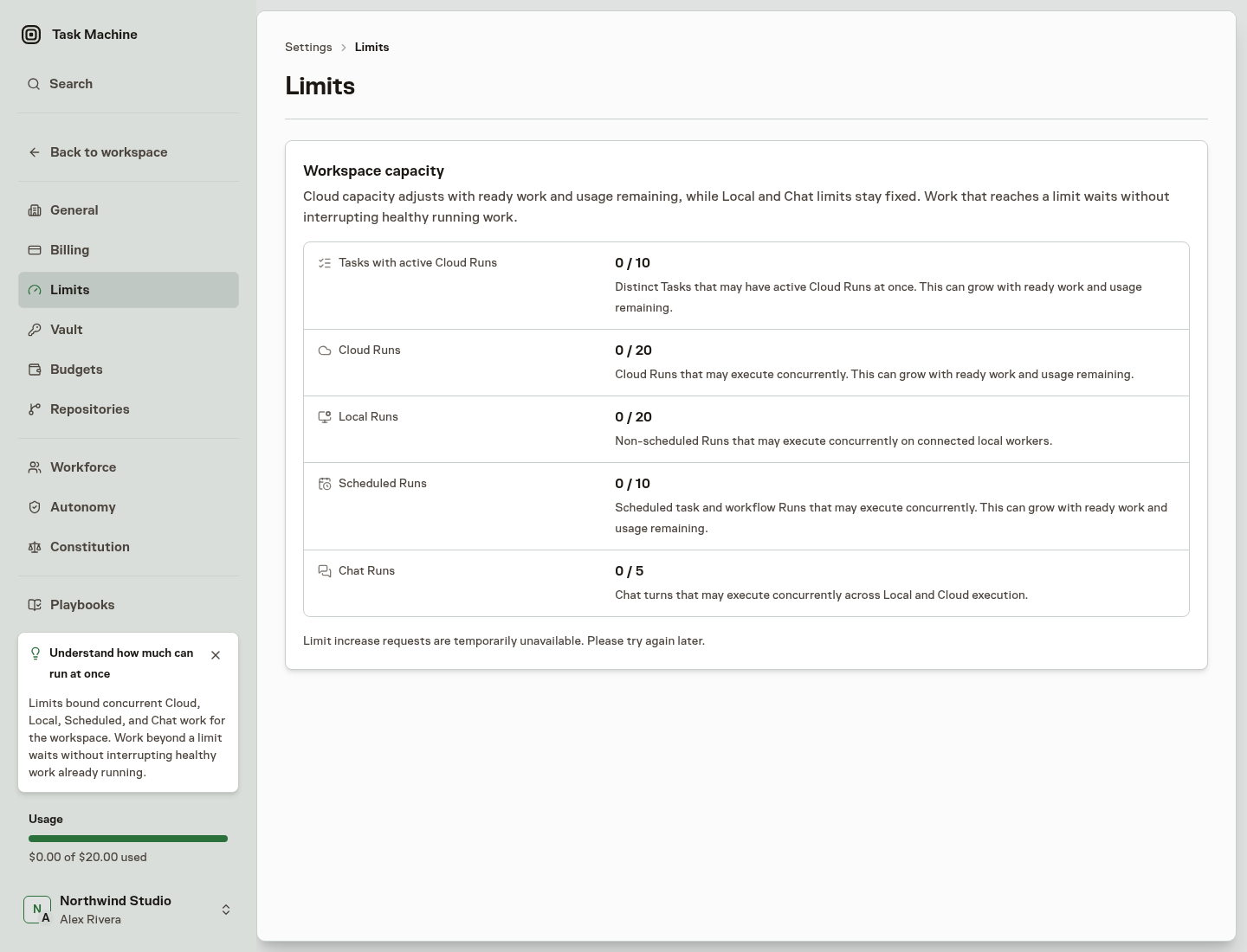 The Limits settings page showing the configured Cloud, Local, Scheduled, and Chat capacity of an idle Workspace