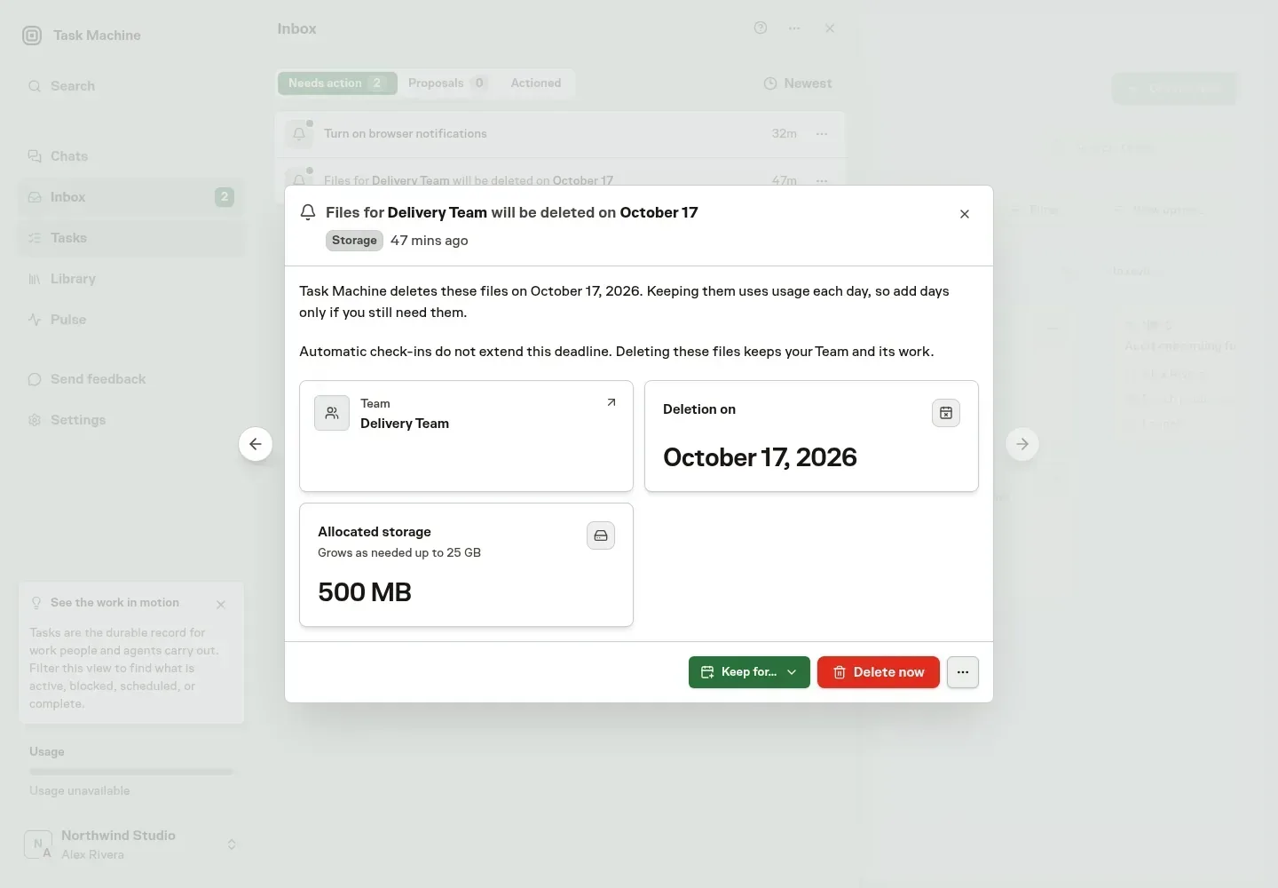 A Team storage warning in Inbox showing its deletion date, allocated storage, and controls to keep or delete the files