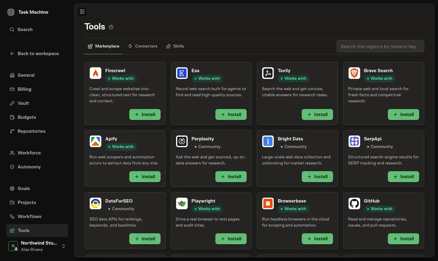 The Connectors Marketplace showing searchable connector cards and lifecycle tabs for installed, proposed, and archived entries