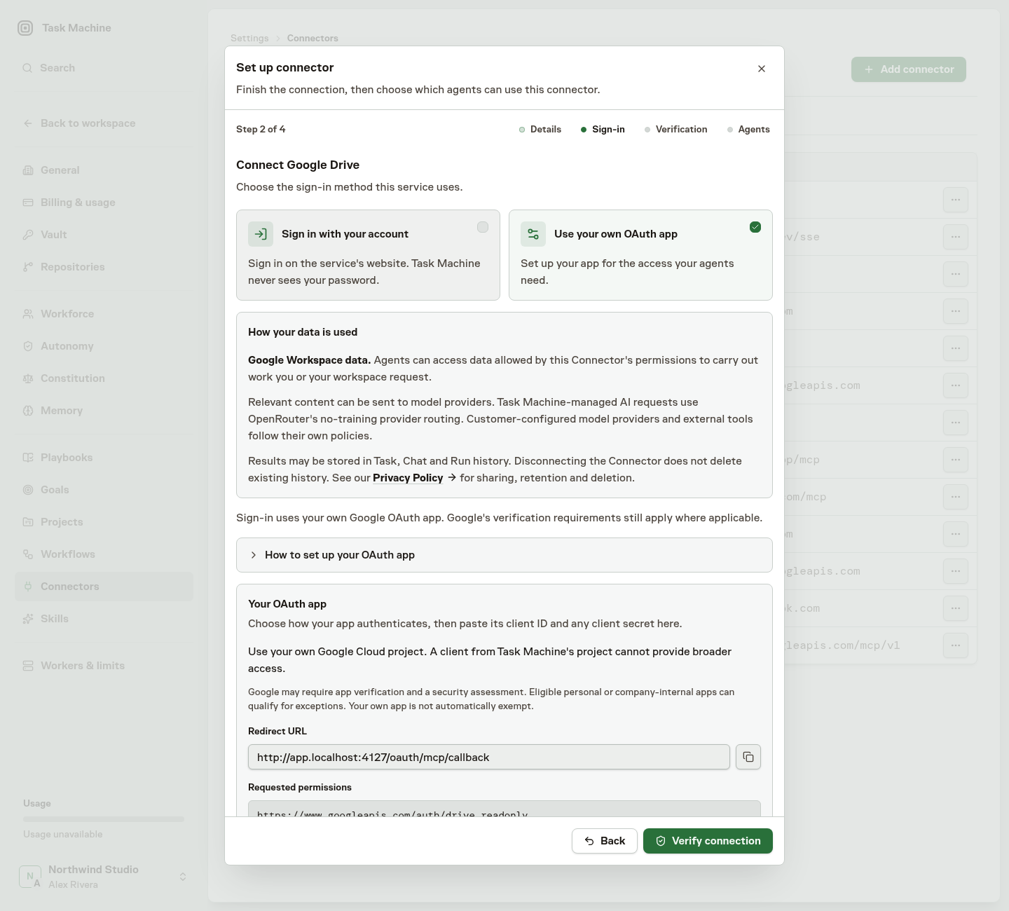 Google Drive Sign-in with the own-app card selected, the data-use note, and the Google OAuth setup guide