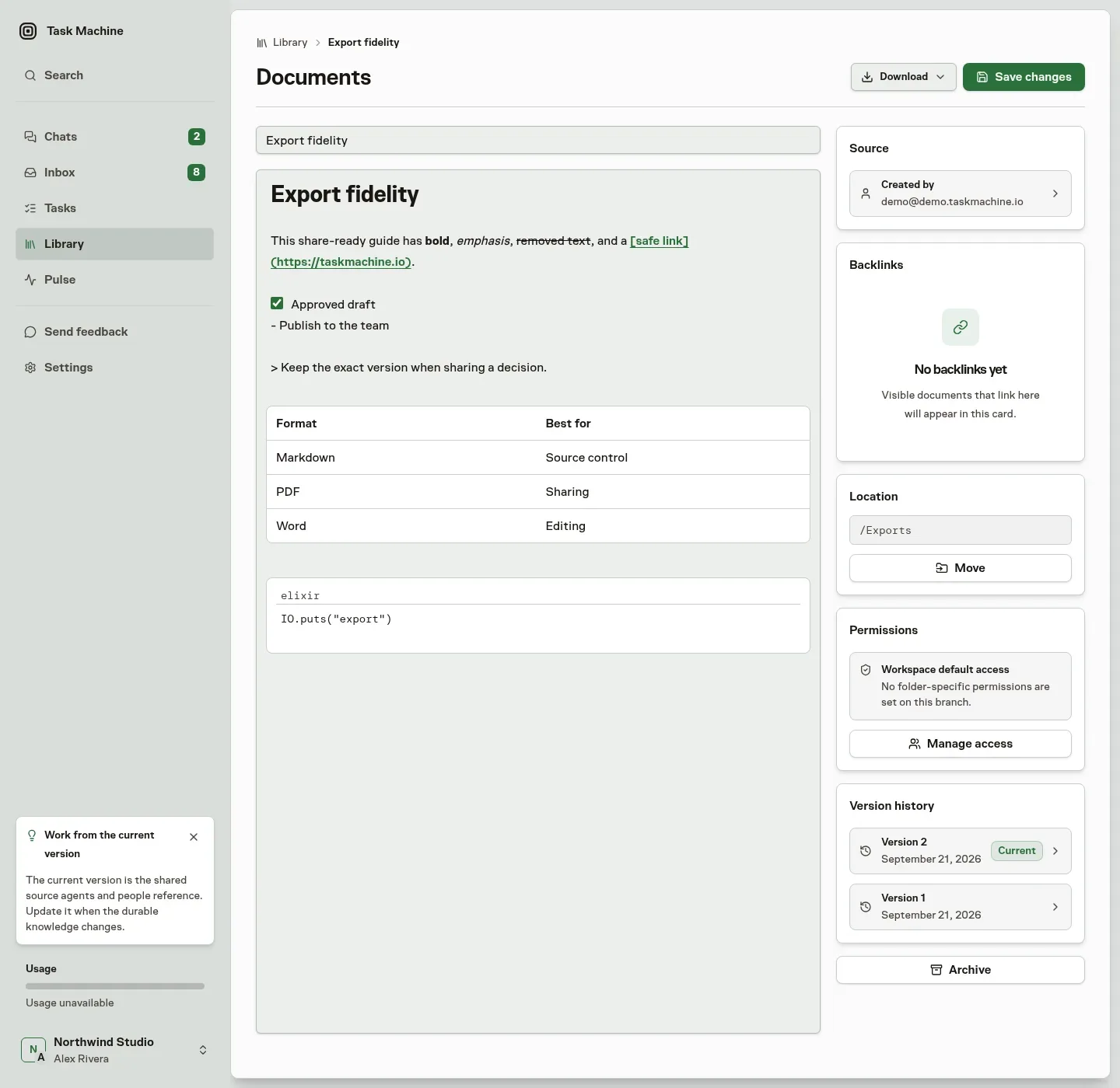 A Markdown document open for editing, with its Download menu, source, location, access, and version history alongside it