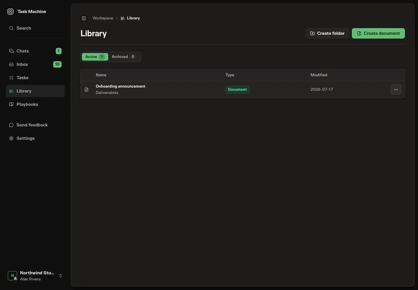 The Library showing versioned workspace documents organized into folders