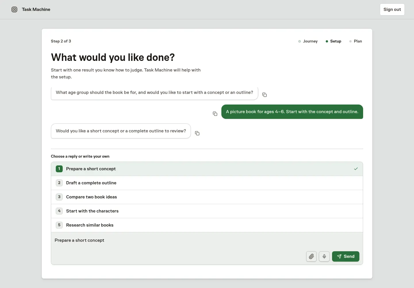 Guided setup refining a children's book, with a suggested reply selected in the editable composer