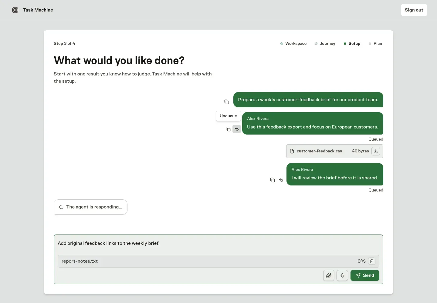 Guided setup with a queued correction, its Unqueue action, and the available message composer