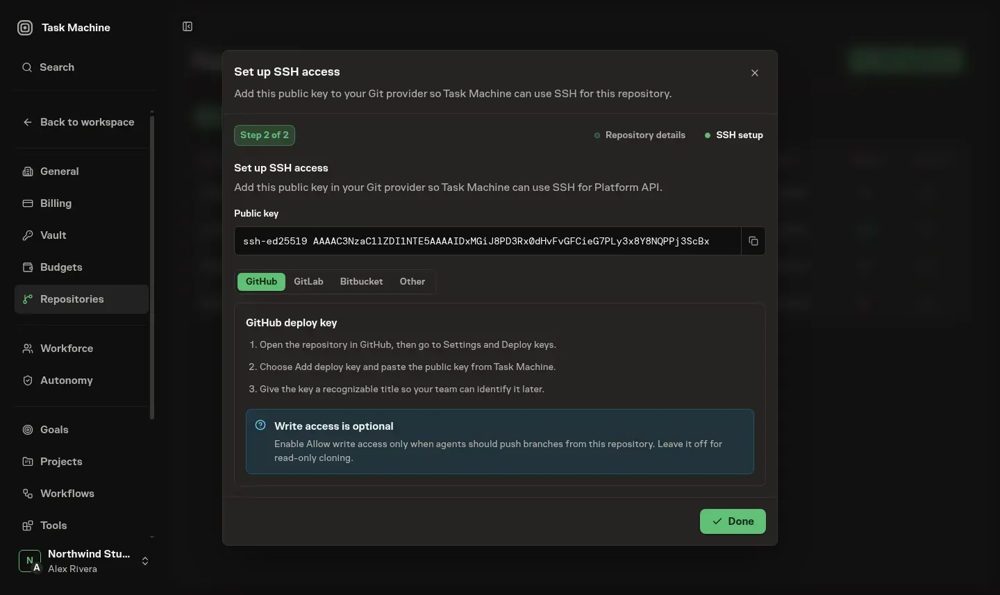 The repository SSH setup step showing a copyable public key, provider tabs, GitHub deploy-key instructions, and the Done action