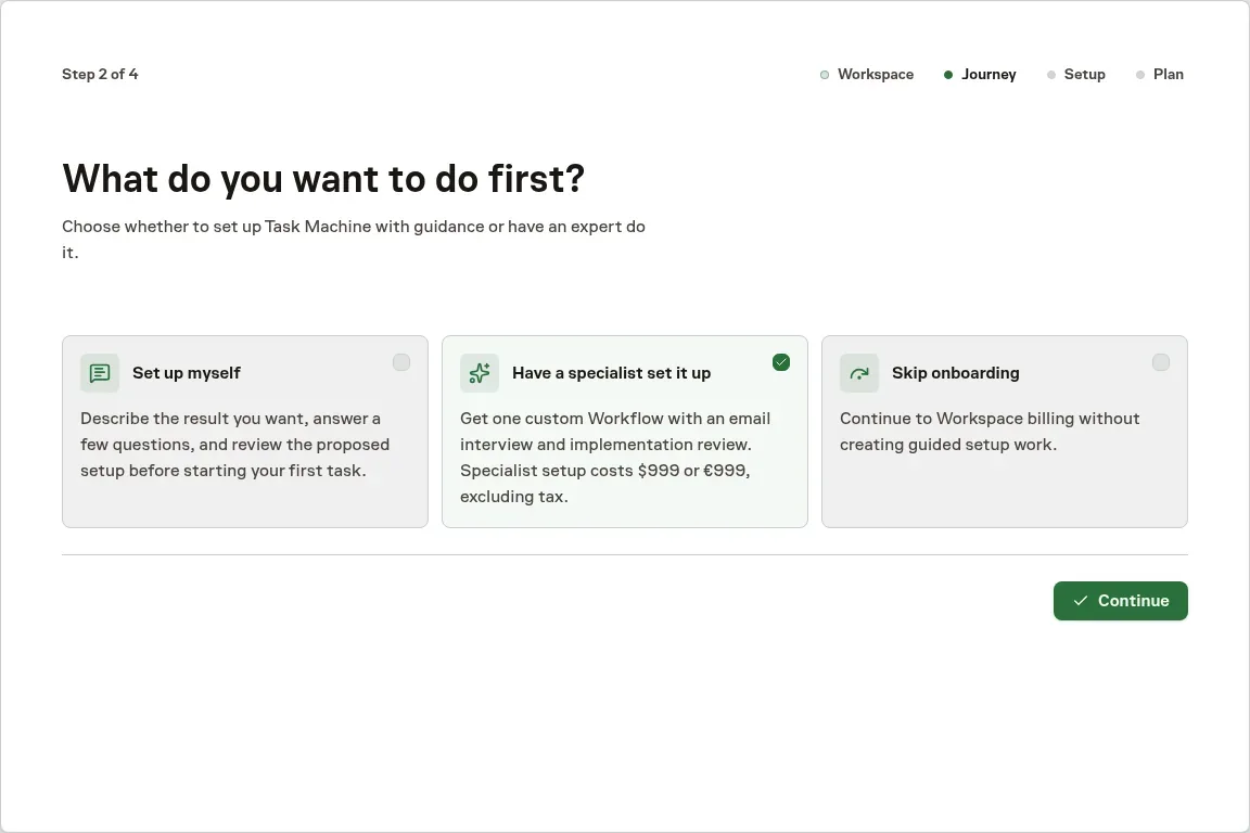 The setup choices, including the specialist service's one-time fee