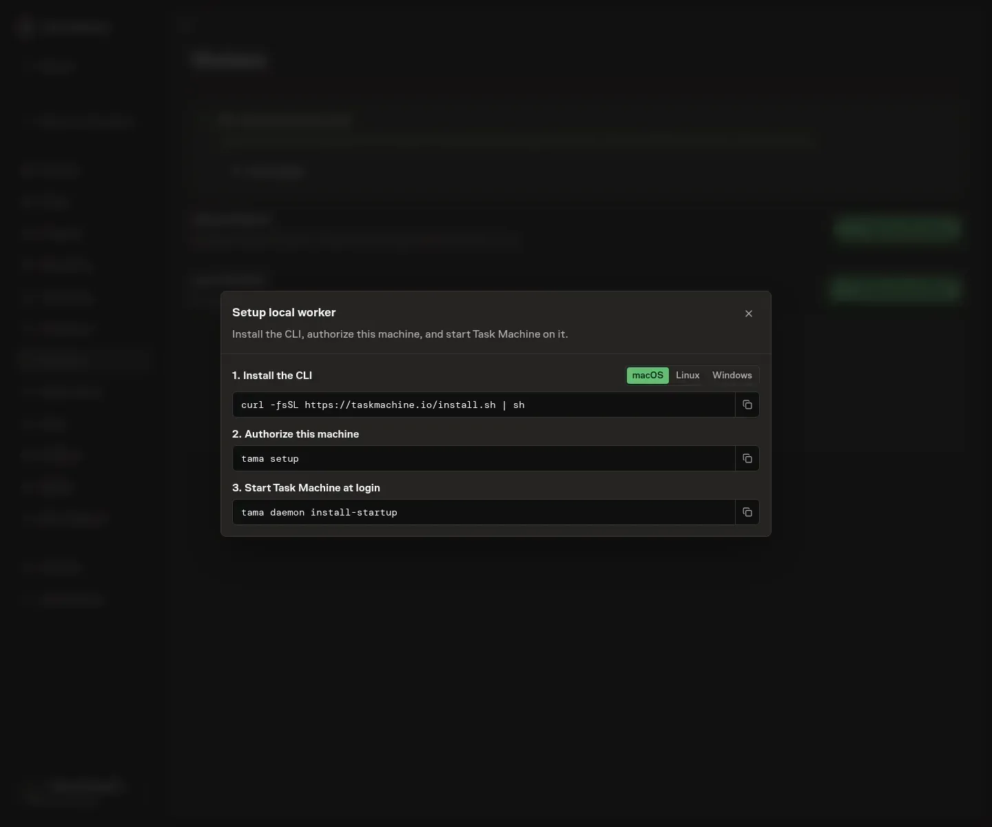 The Workers settings page showing the commands for installing Task Machine and connecting a local machine