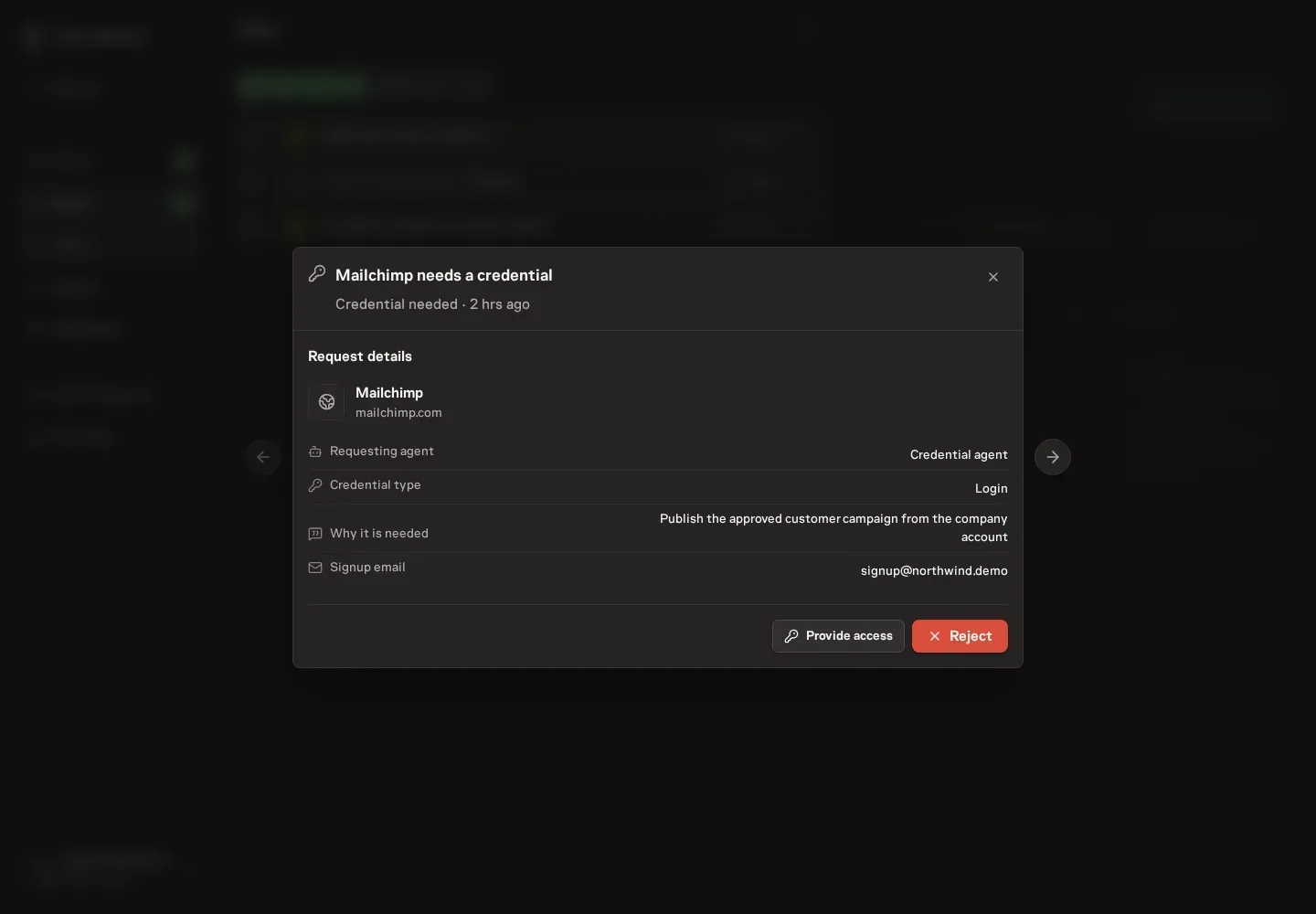 A missing-credential Inbox item showing the website, agent, reason, signup identity, and resolution actions