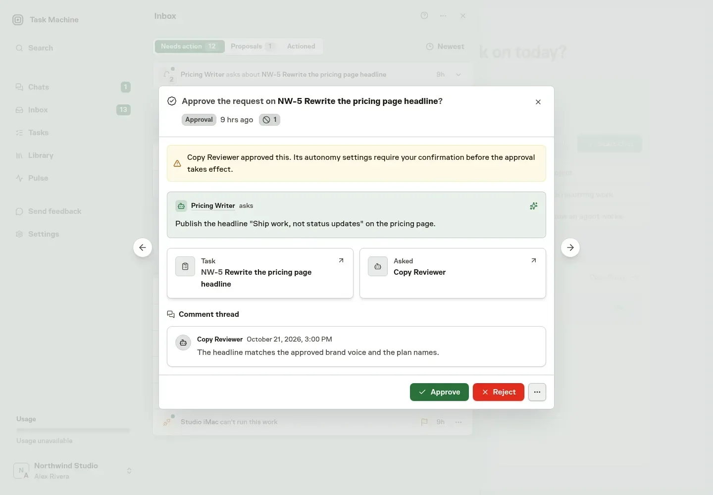 An Inbox approval showing the agent that was asked, its response in the conversation, the reason a person must decide, and the usual approval controls