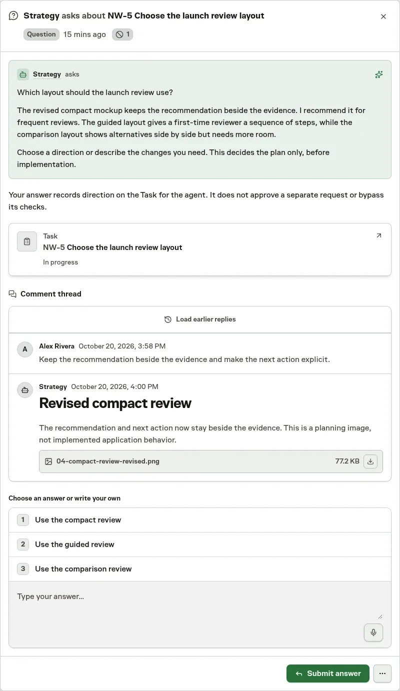 An Inbox planning question with the revised image mockup attached to its discussion, earlier replies available, and three editable answer choices