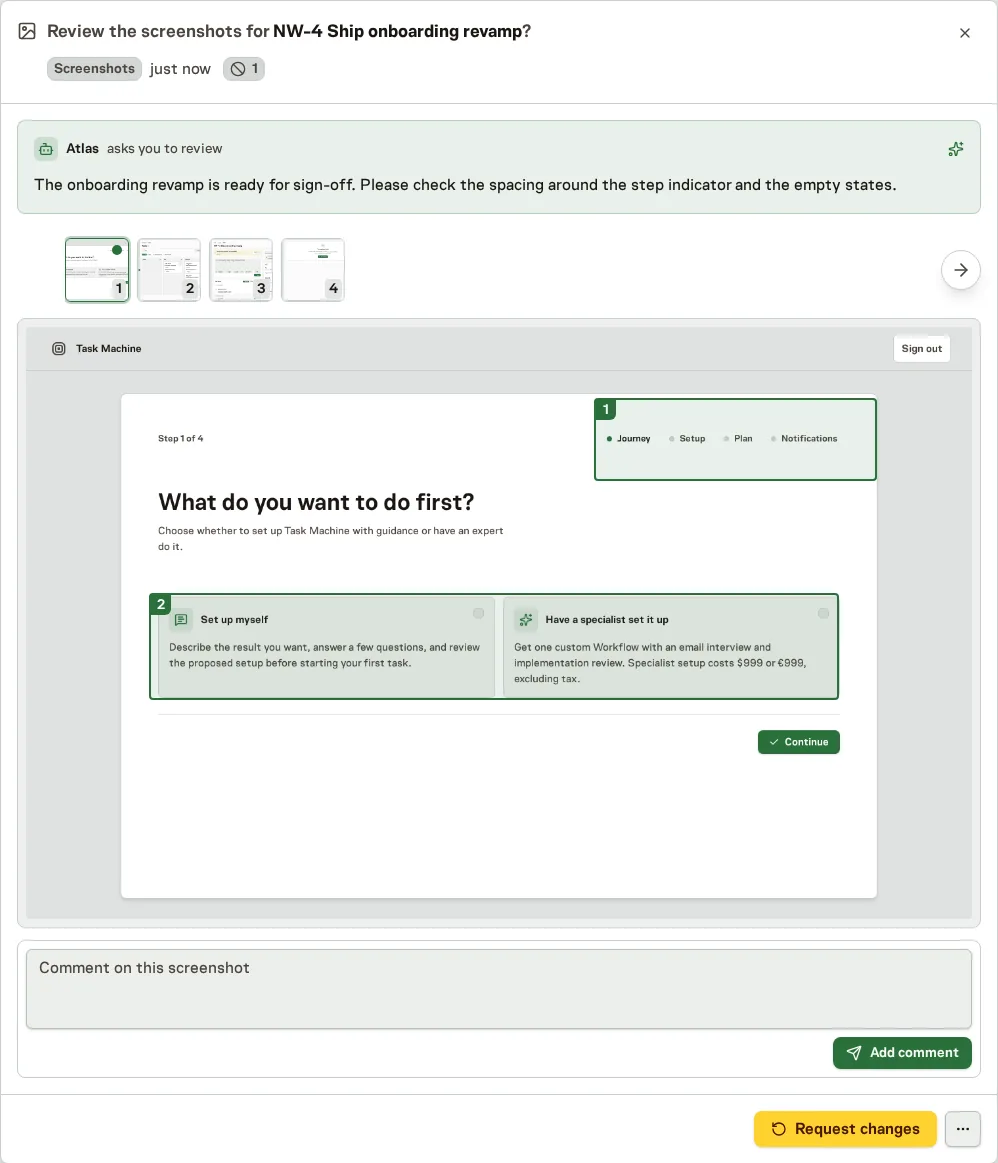 An inbox review of an agent's screenshots with two numbered regions marked and a comment box below the image