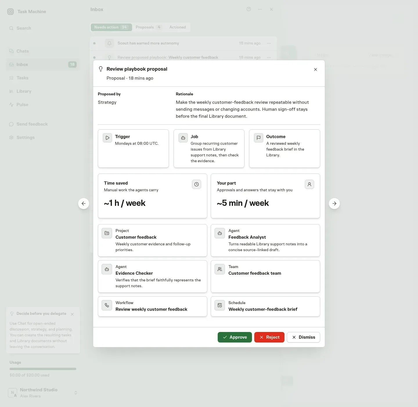 An Inbox Playbook proposal showing the customer-feedback rationale, trigger, outcome, proposed resources, and Approve and Reject actions