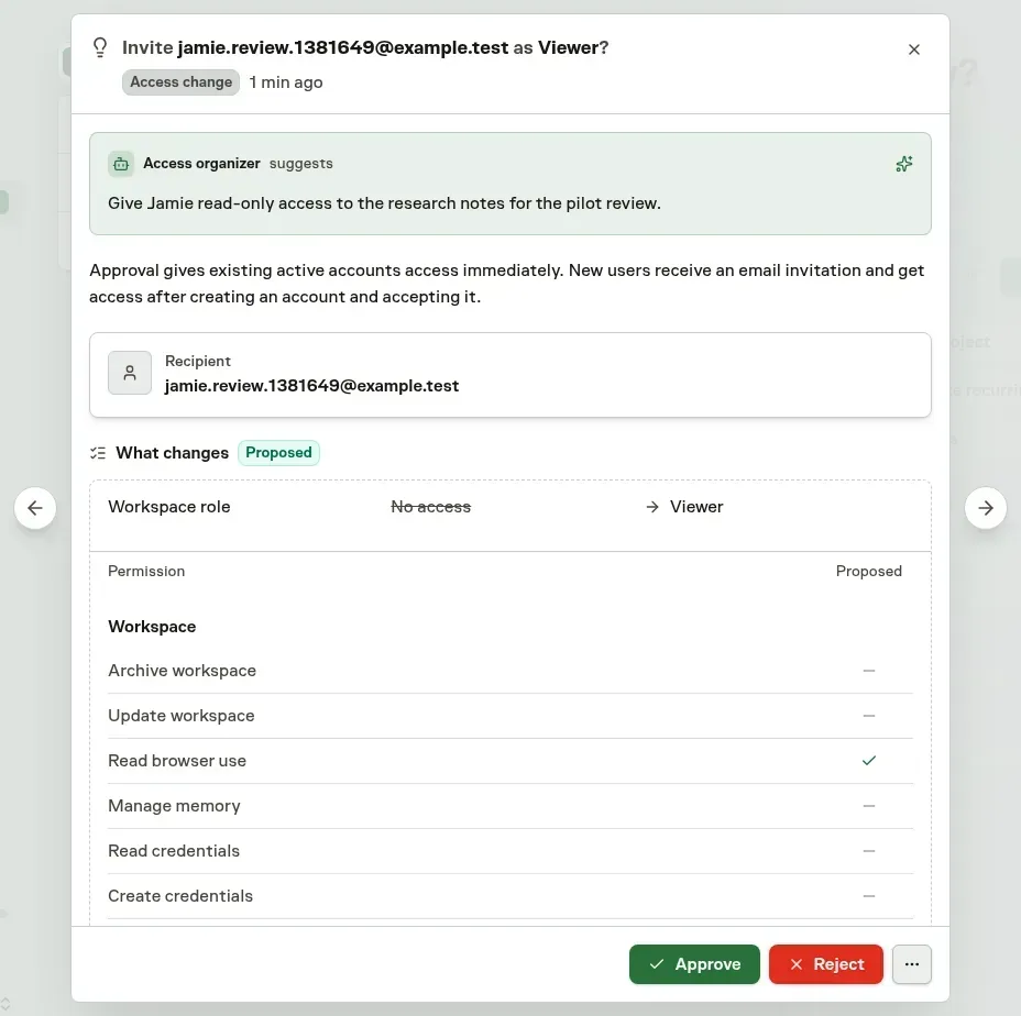 An Inbox Human invitation review showing the rationale, the recipient, and one Proposed panel with the Viewer role and its permission table, with Approve and Reject actions