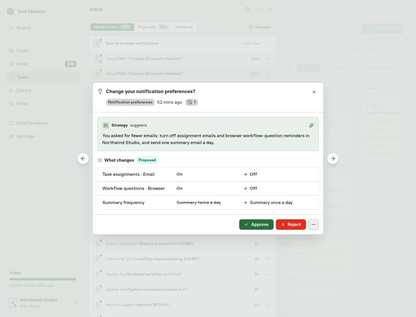 An Inbox notification review showing the rationale and one Proposed panel with the changed Workspace alerts and email summary, with Approve and Reject actions