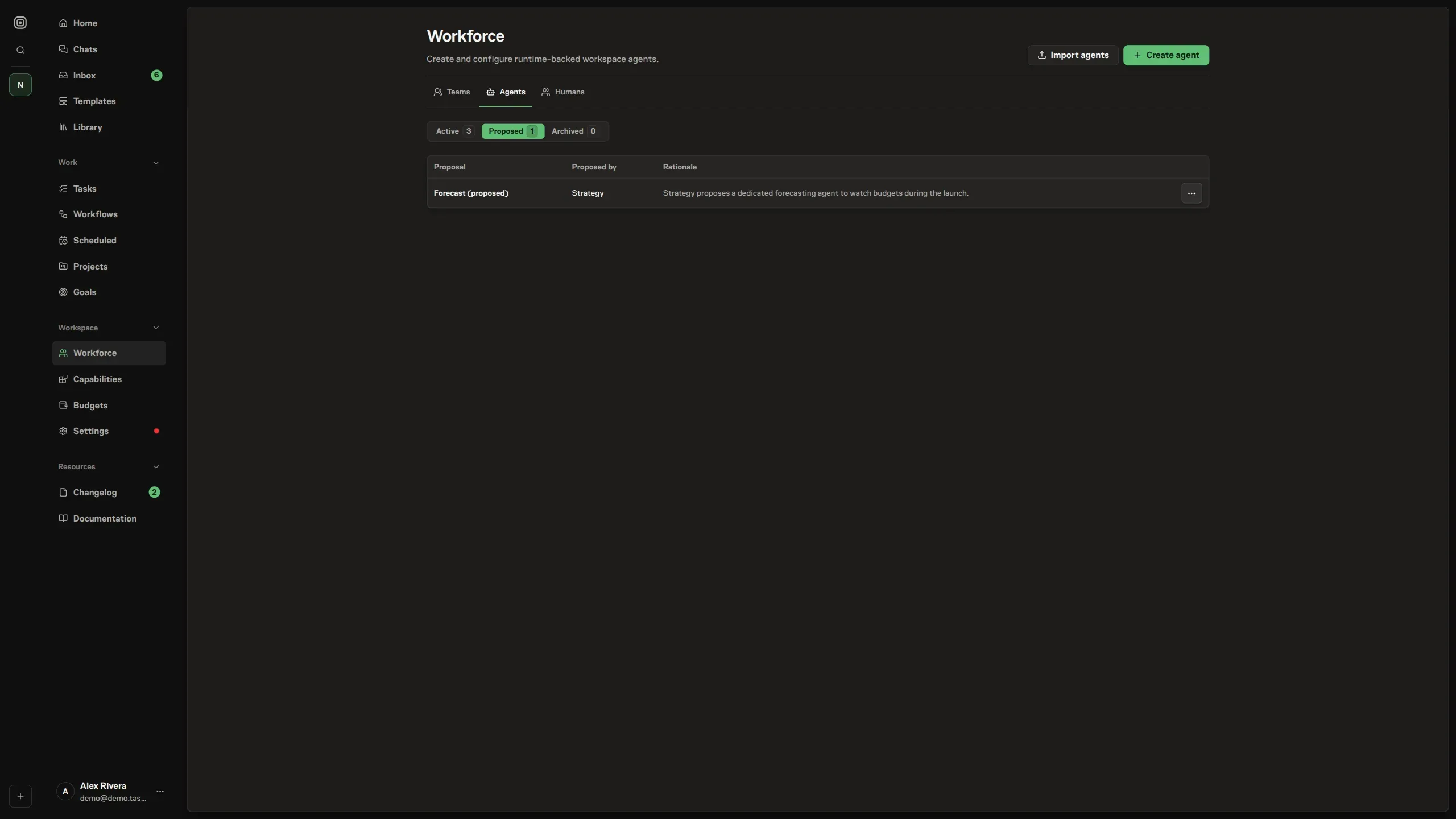 The Proposed tab on the Workforce page, with Active, Proposed, and Archived status tabs and a proposed agent listed with the proposing agent and its rationale
