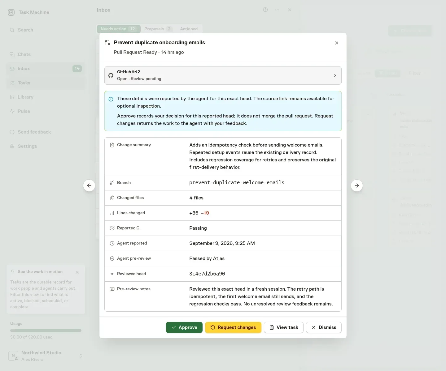 A pull-request Inbox decision with the reported revision, change summary, checks, Agent prereview, and review actions