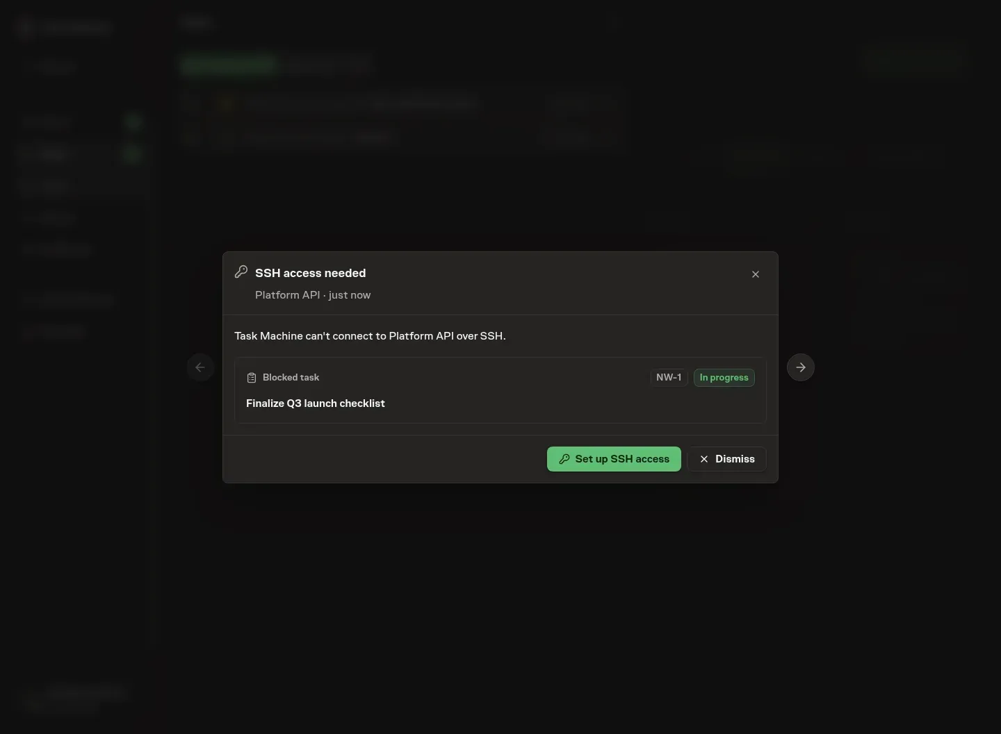 The Inbox repository-access detail showing the paused task, repository context, separate SSH setup action, and task retry action