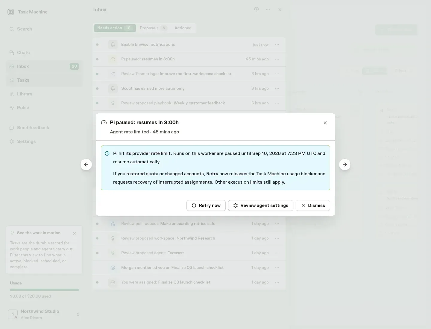 A Pi usage-limit Inbox item showing the retry time and Retry now action