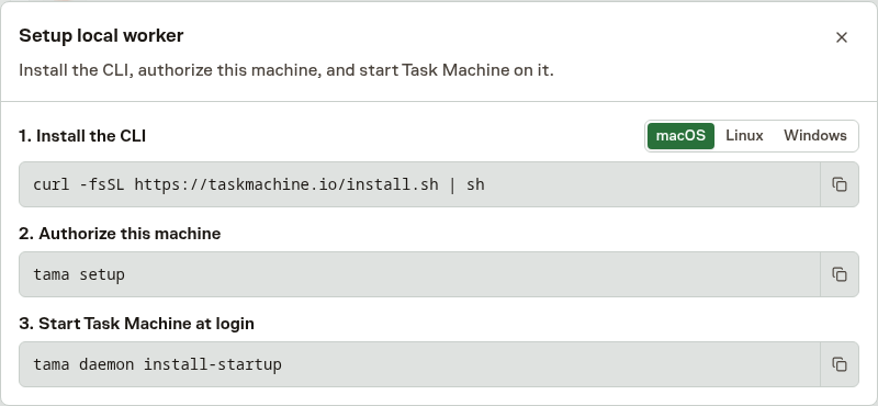 The Setup local worker modal showing CLI installation, machine authorization, and startup commands