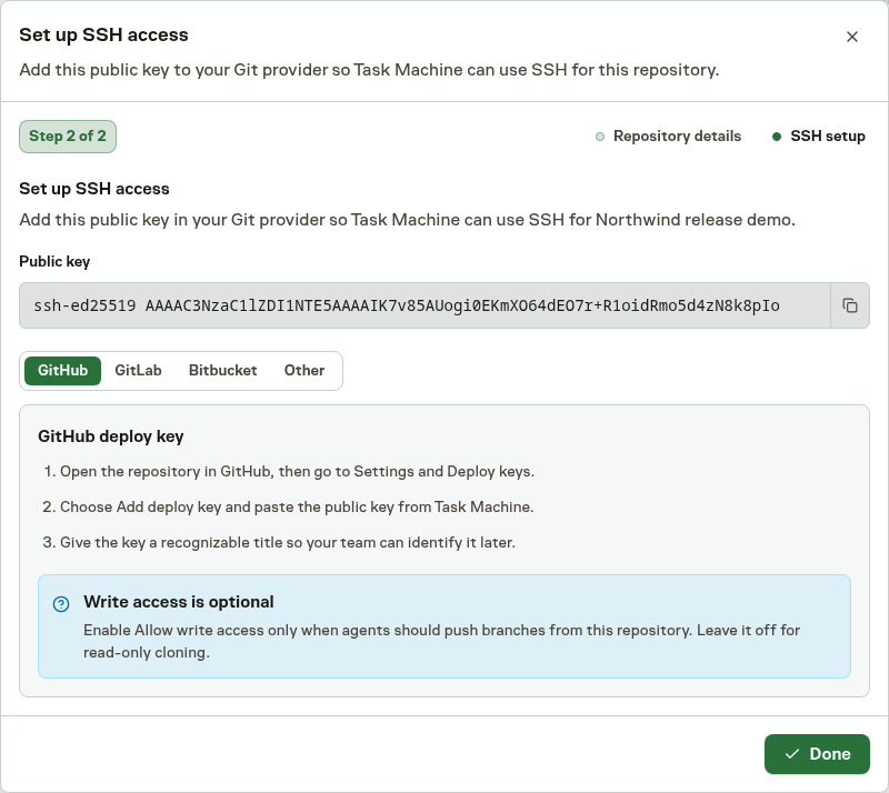 The repository SSH setup step showing a copyable public key, provider tabs, GitHub deploy-key instructions, and the Done action