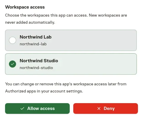 Workspace access choices on the authorization screen: Northwind Studio selected and Northwind Lab available
