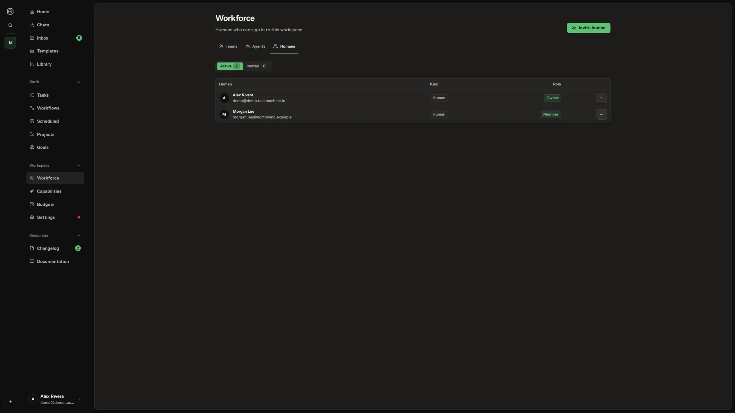 The Members page listing a workspace member with their name, kind, and role, alongside counts of members, agents, and pending invites