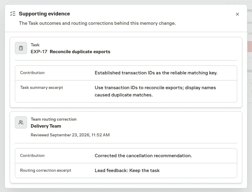 Atlas's memory evidence showing a supporting Task and a reviewed Team routing correction with their contributions and excerpts