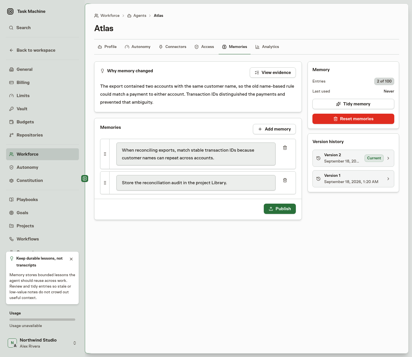 Atlas's Memories page showing why its matching guidance changed, the View evidence action, and its current notes