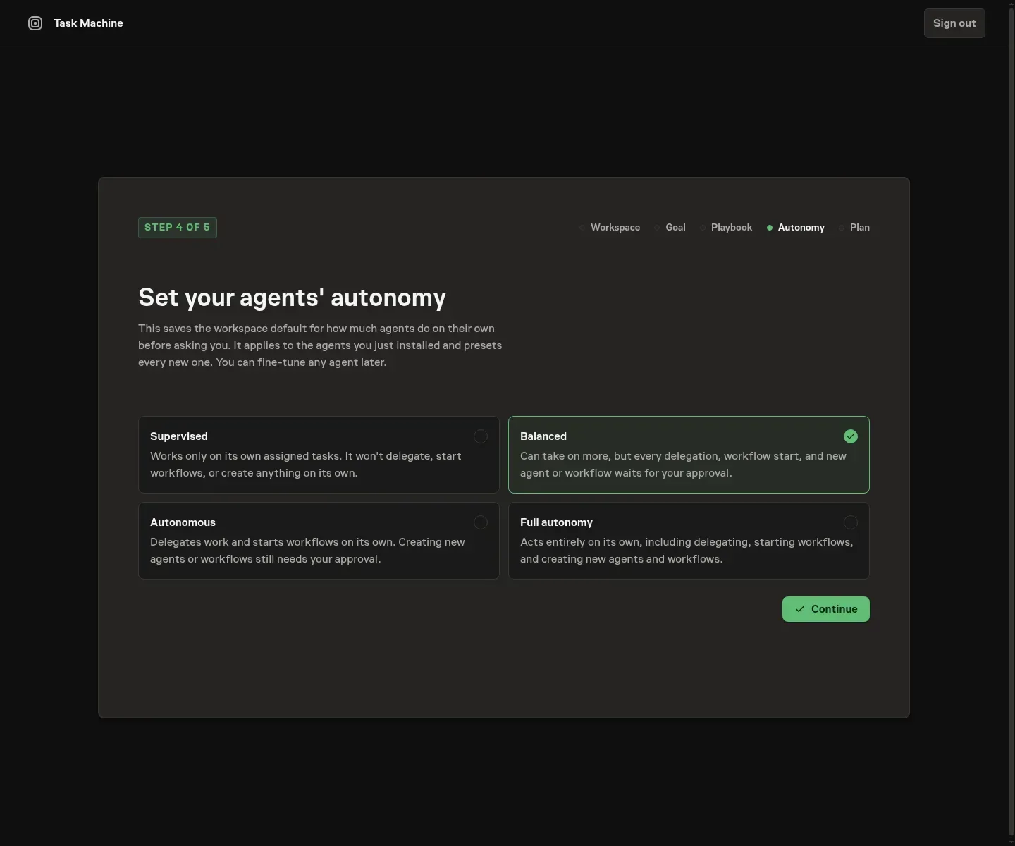 The autonomy onboarding step showing the named levels and what each allows an agent to do