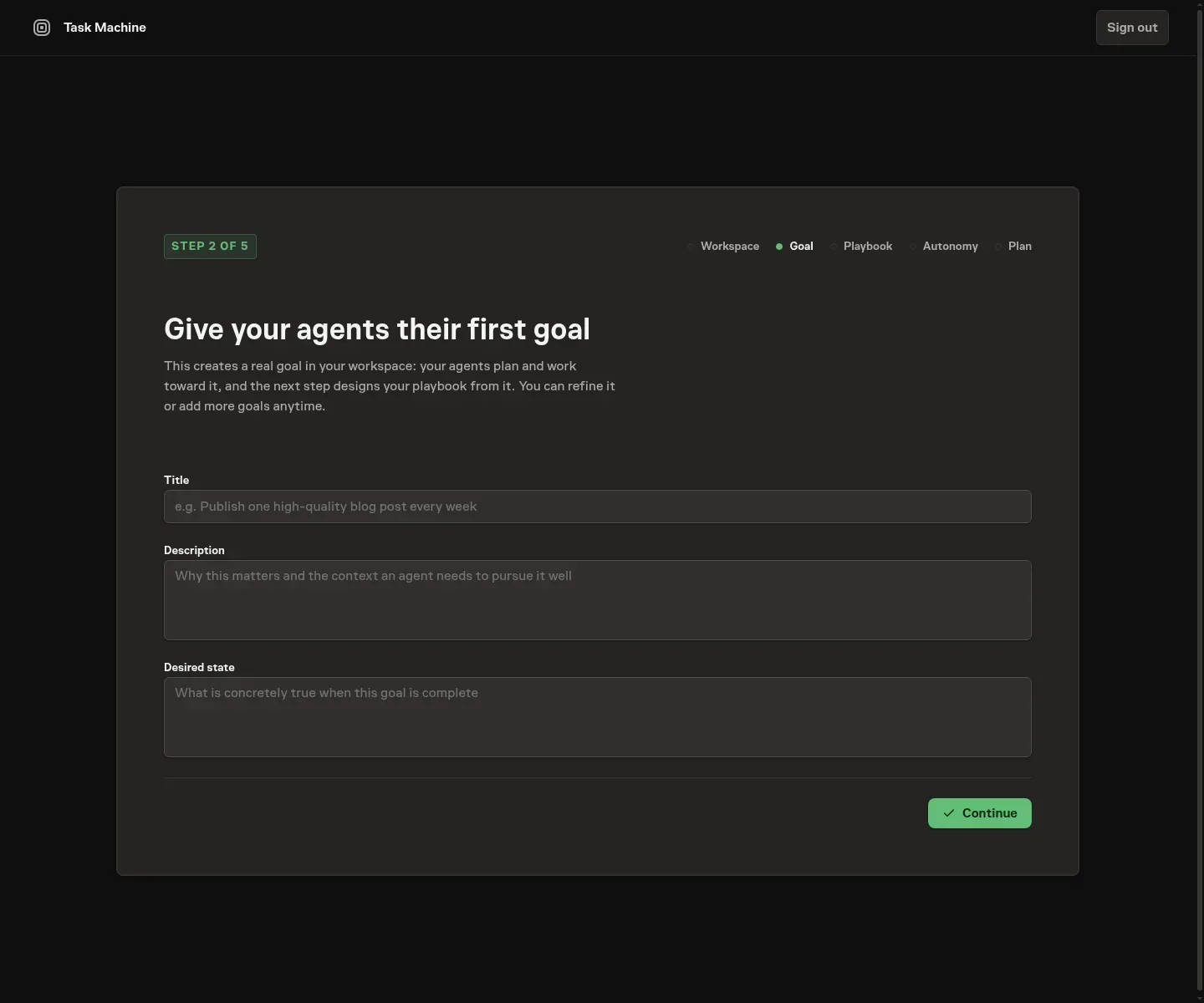 The Goal onboarding step with visible title, description, and required Connector choices