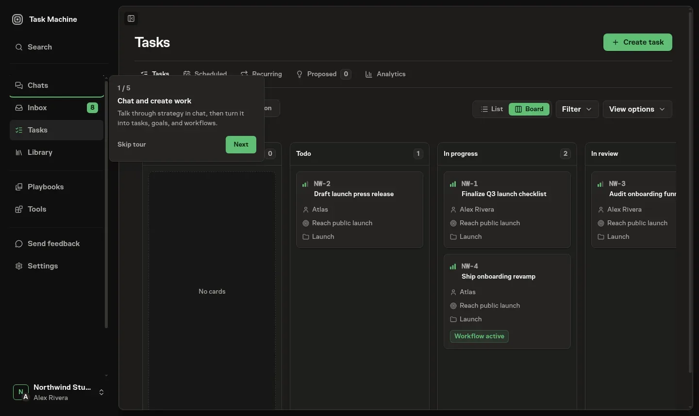 The product tour introducing Chat as the place to decide work before moving through Inbox and Tasks