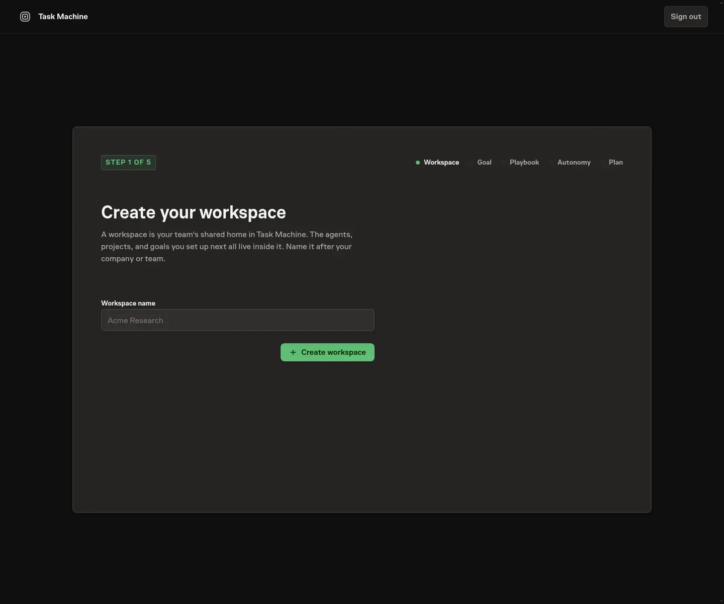The Workspace onboarding step naming the shared operating context