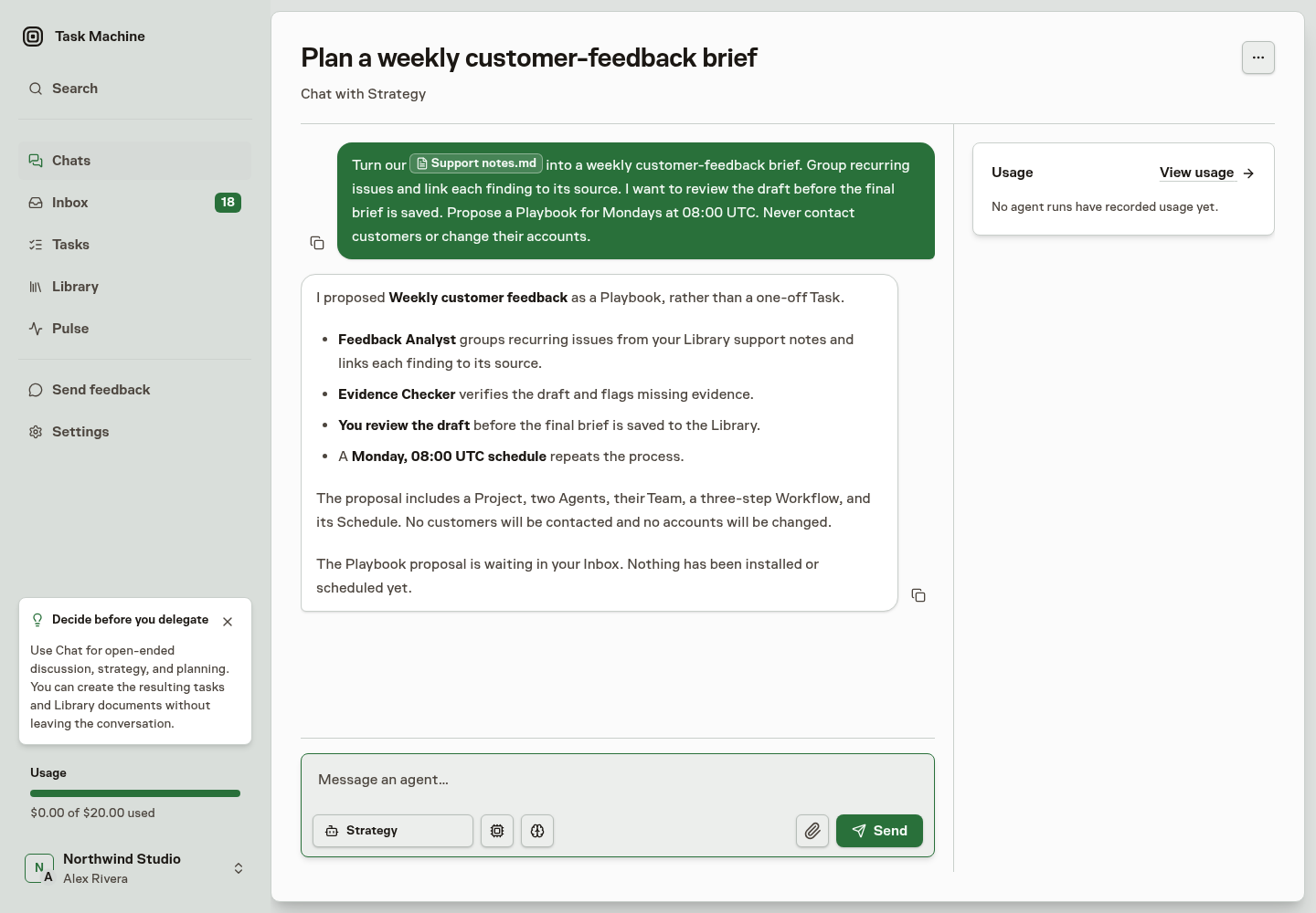A planning Chat proposing a weekly customer-feedback Playbook with source-linked findings, separate evidence checking, Human review, and a recurring Schedule