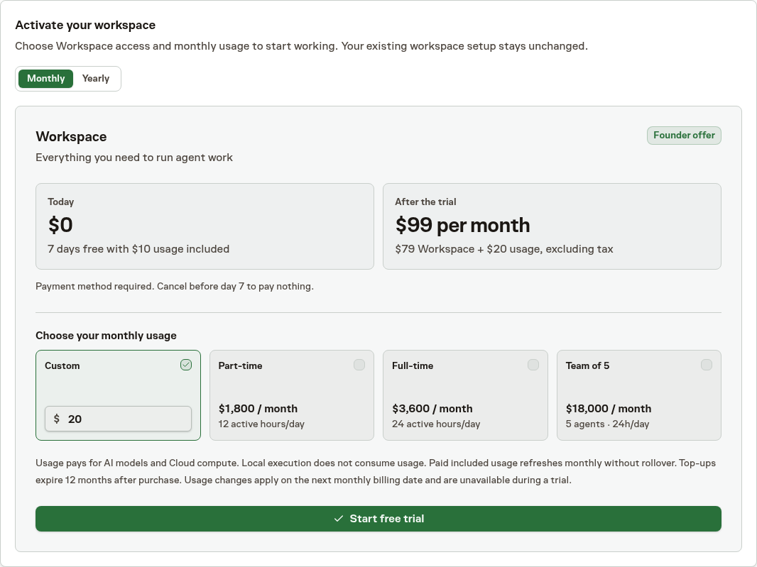 Billing offering Workspace activation with Monthly access, a seven-day trial, and adjustable monthly usage