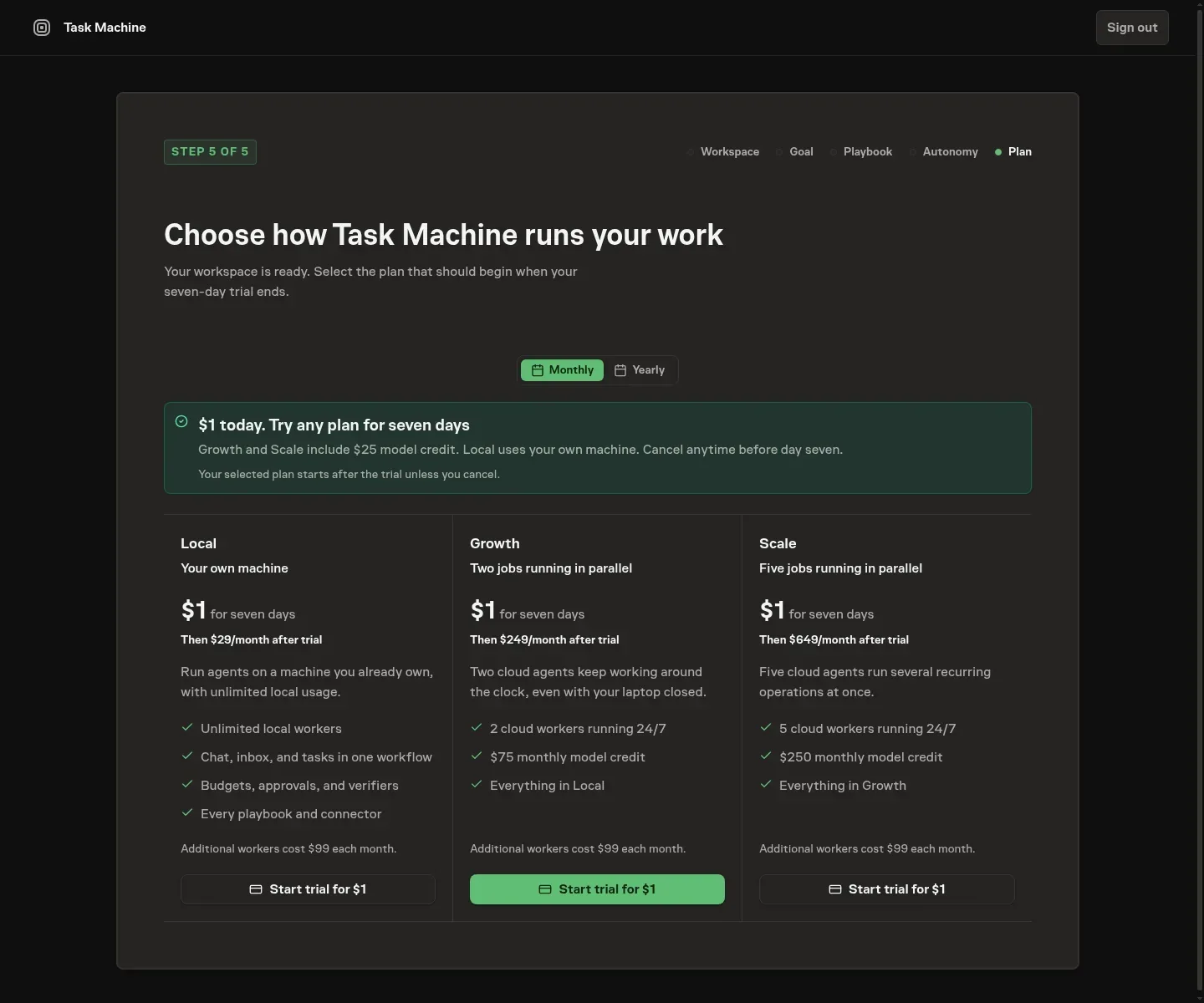 The final onboarding step comparing Local, Growth, and Scale plans with monthly billing selected