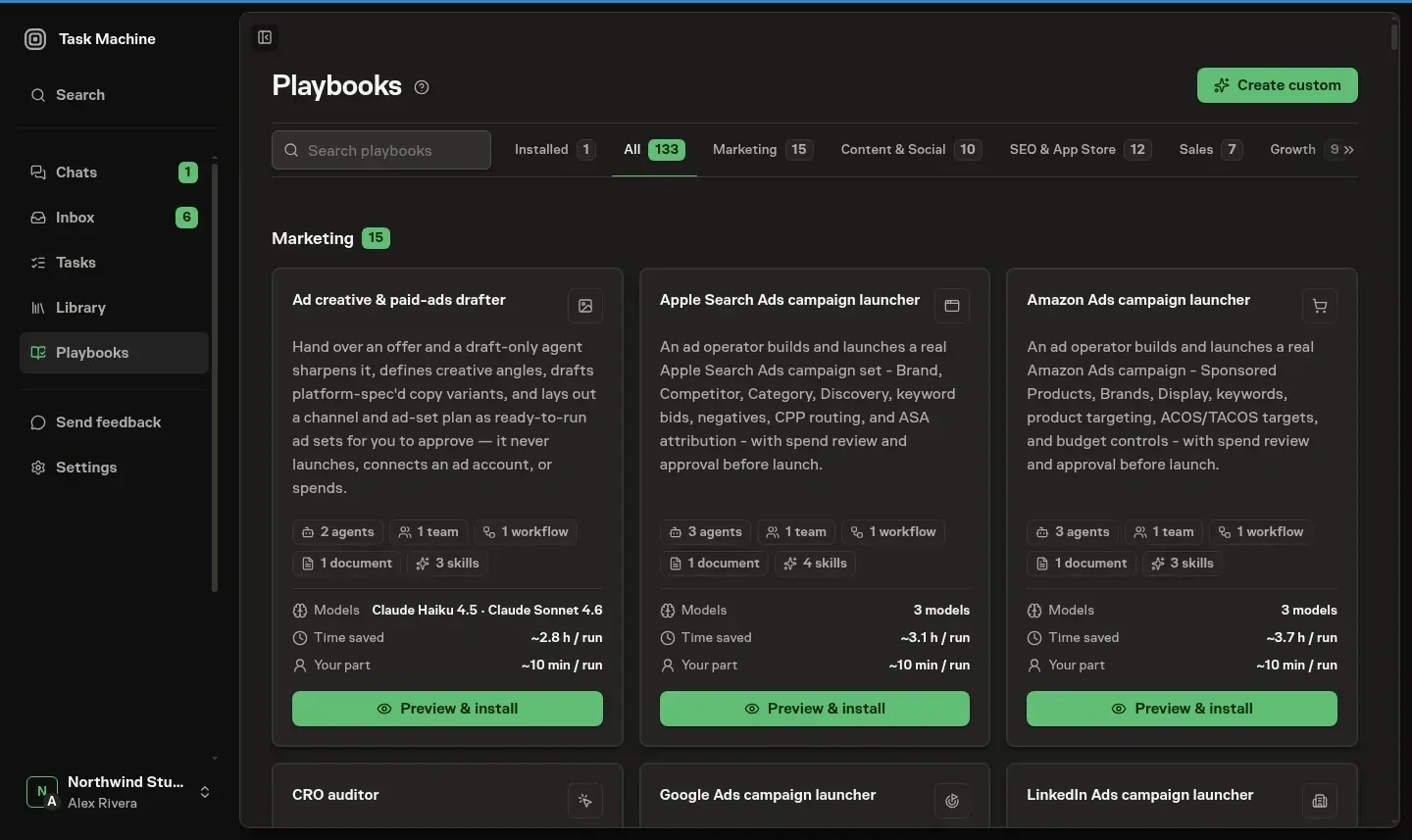 The playbook gallery: a search box and a category bar with per-category counts above a grid of playbook cards, each showing an icon, the records it installs, and the models its agents run on. The Marketing category leads