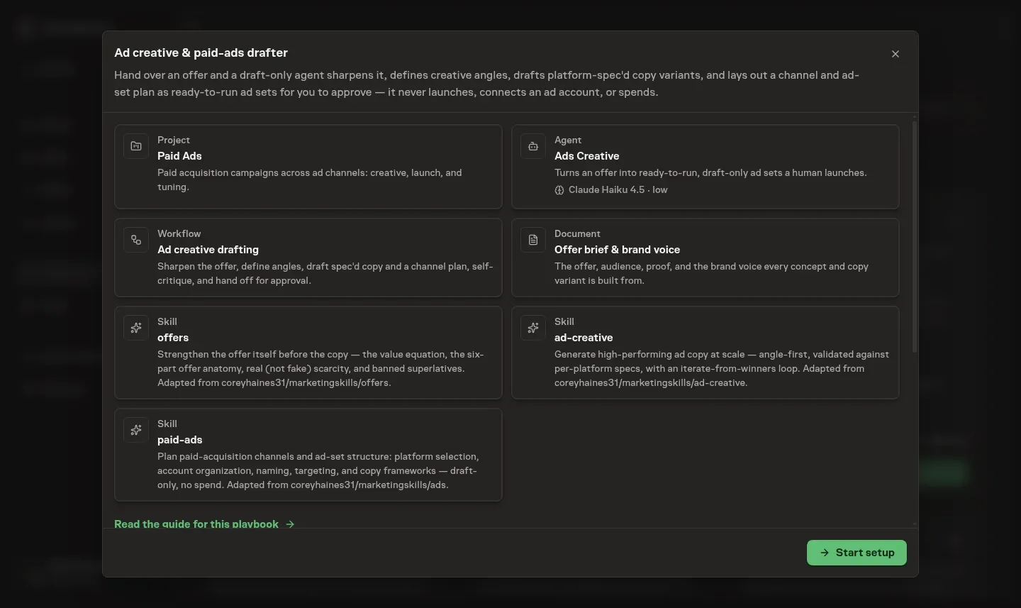 A playbook preview showing the project, agent, workflow, document, and skills that will be installed together
