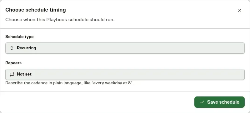 Inbox showing the Choose schedule timing form for Playbook work