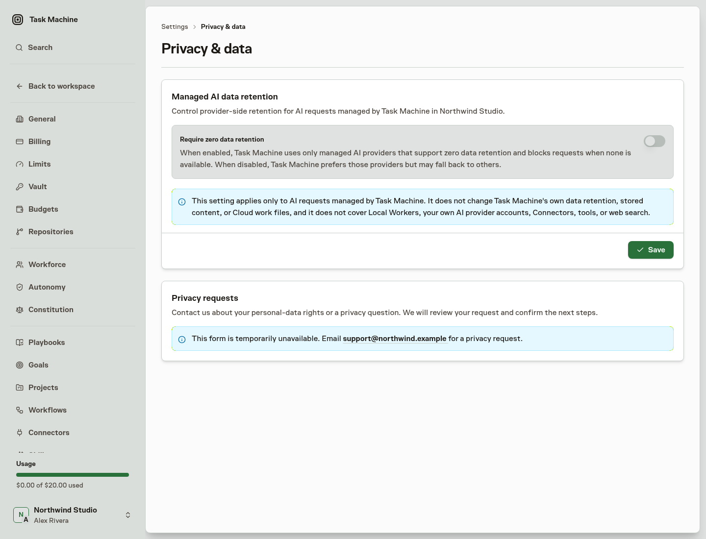 Privacy & data with the saved Workspace ZDR requirement and the support-email fallback for privacy requests