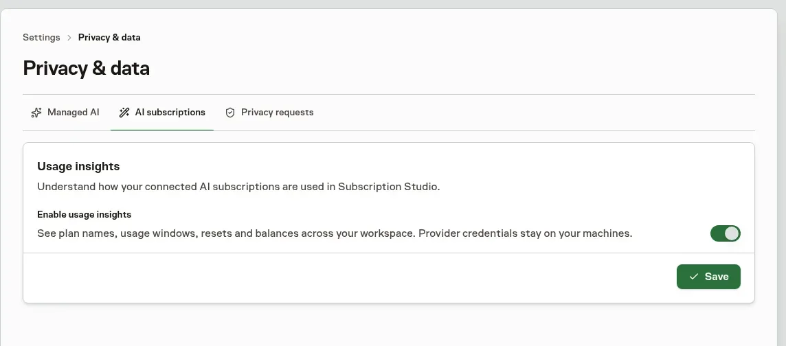 The AI subscriptions tab with Workspace usage insights enabled