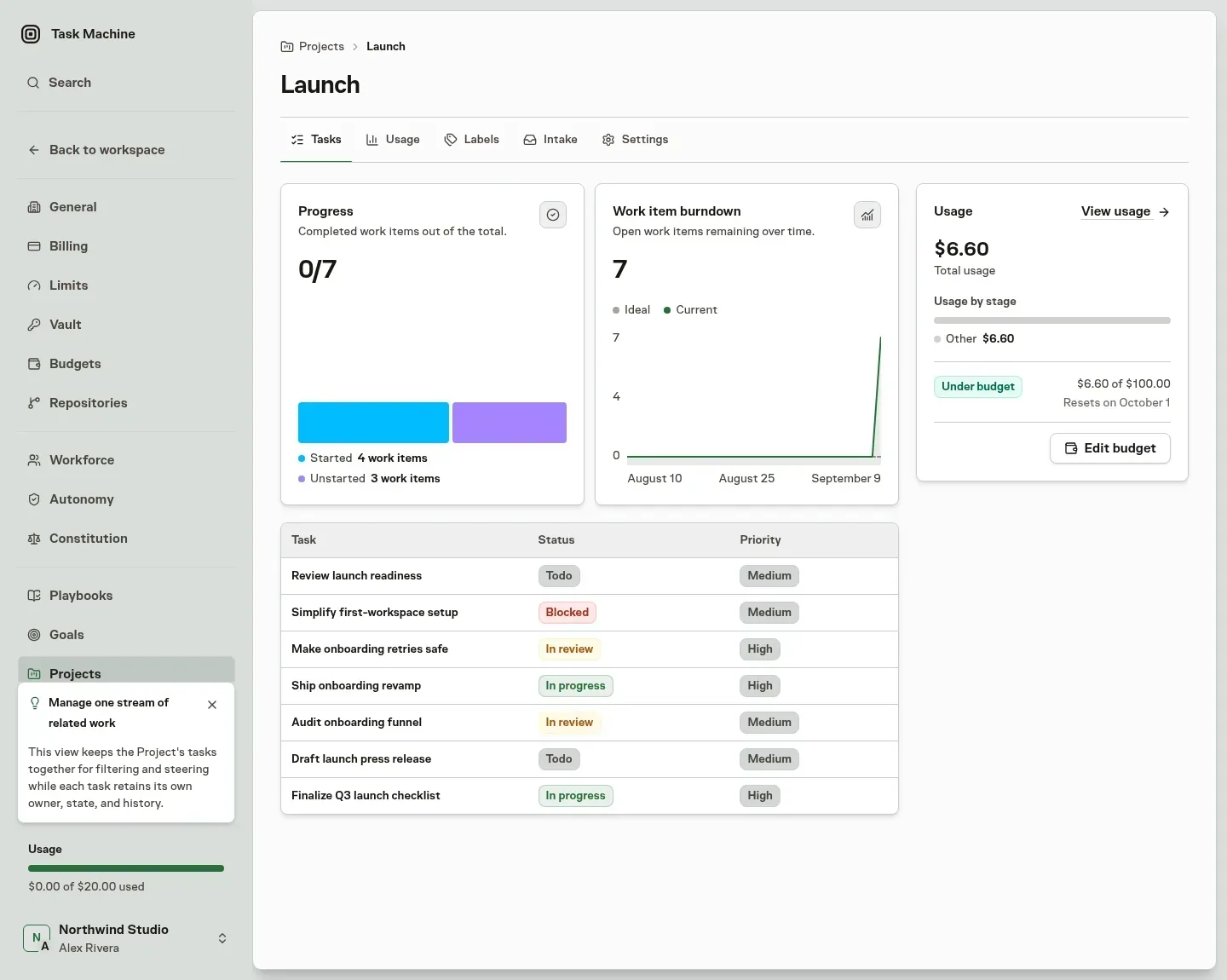 The Launch project Tasks tab with progress, recorded usage, and a populated task table