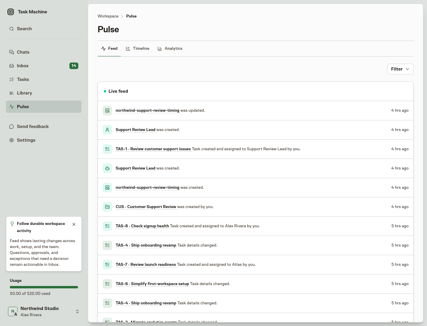 Pulse Feed showing Task, Agent, and Workflow activity