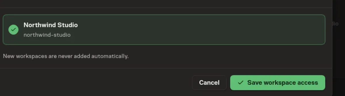 Authorized Apps workspace selection controls for one connected client