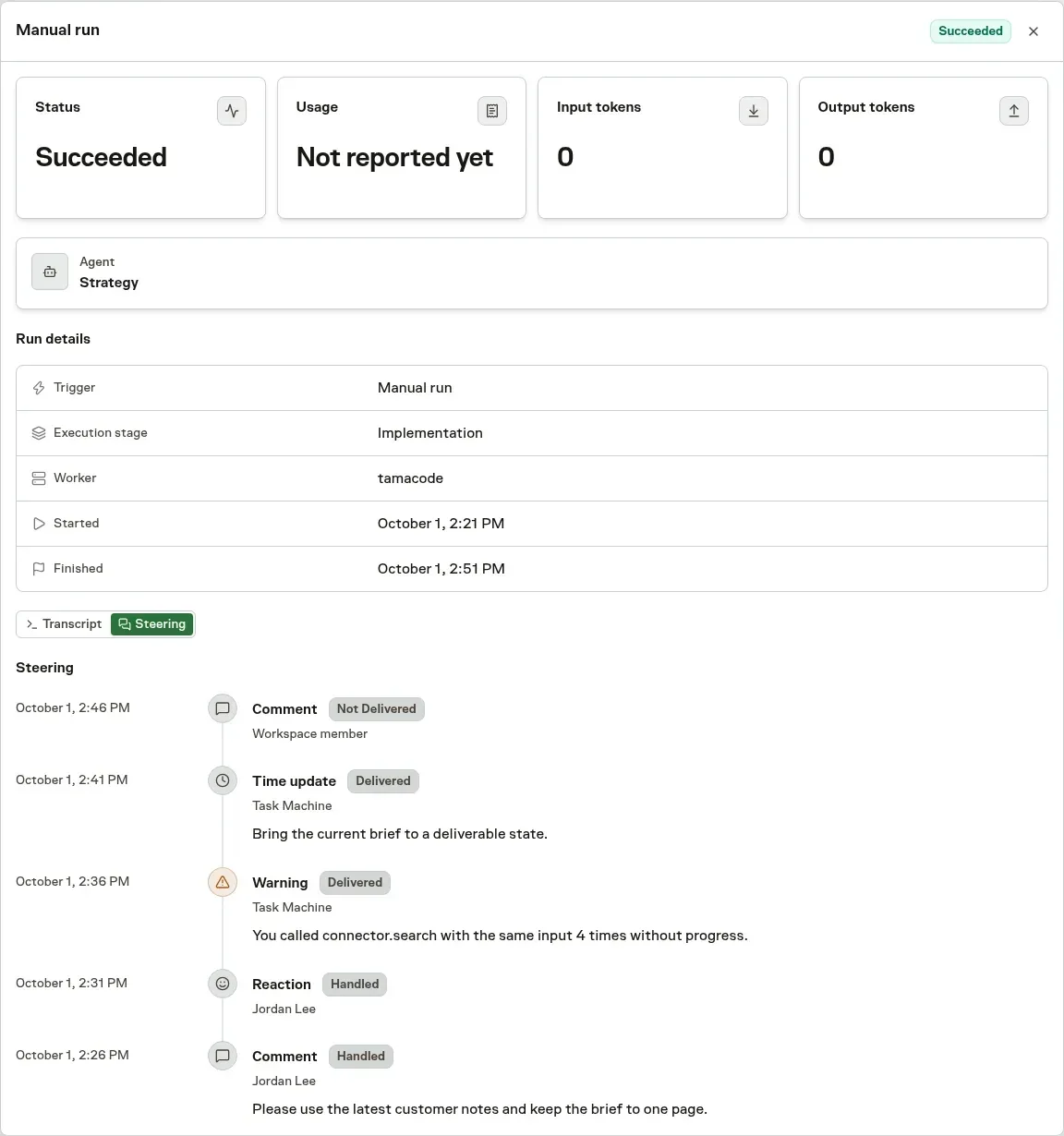 A Run’s newest-first Steering timeline with connected comments, reactions, a warning and a time update showing their delivery status